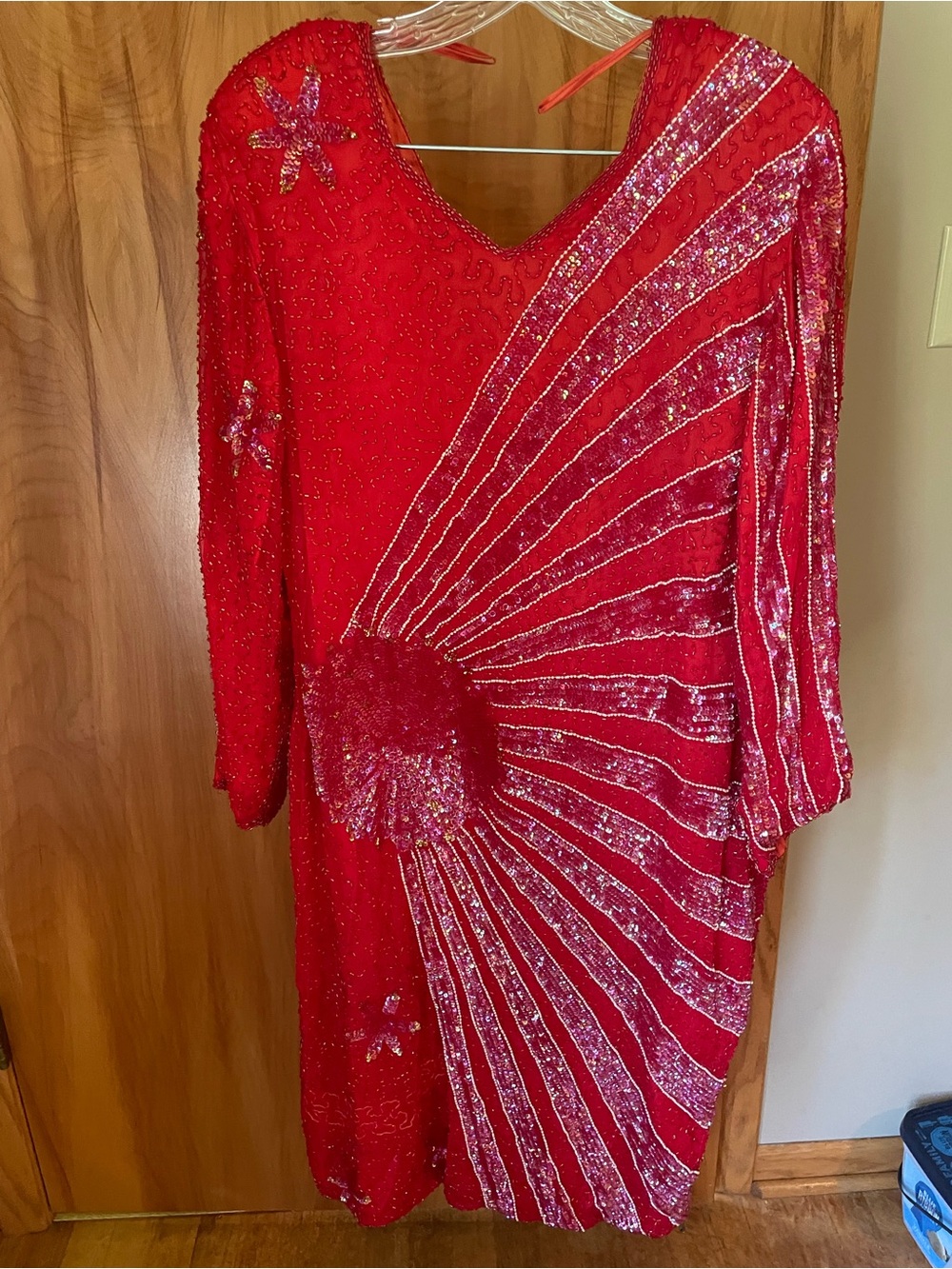 Vintage Red Beaded 100% silk Evening Dress with Radiant Sequin Design